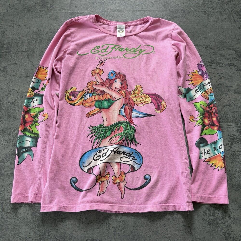 Vtg Y2K Ed Hardy Graphic Tee Double Sleeve Tattoo Long Sleeve Size Large Women's